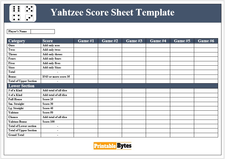 Yahtzee Score Sheet Template for 6 Games